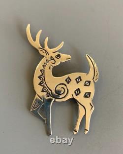 NAVAJO LC Lee Charley LARGE Sterling Hand Stamped Jumping Deer Reindeer Pin NWOT