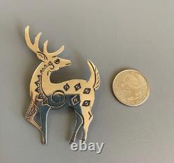 NAVAJO LC Lee Charley LARGE Sterling Hand Stamped Jumping Deer Reindeer Pin NWOT