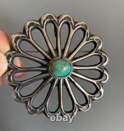 NAVAJO MC Martha Cayatineto HUGE Sandcast Sterling Turquoise FLOWER Pendant Pin