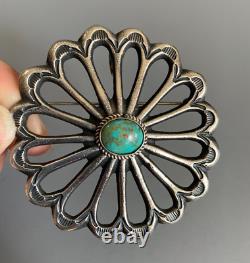 NAVAJO MC Martha Cayatineto HUGE Sandcast Sterling Turquoise FLOWER Pendant Pin
