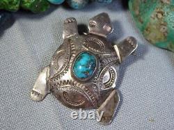 NAVAJO Natural LONE MOUNTAIN TURQUOISE STERLING Silver Working TURTLE Pin