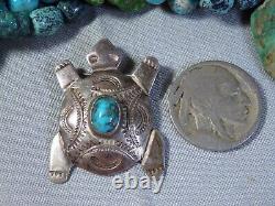 NAVAJO Natural LONE MOUNTAIN TURQUOISE STERLING Silver Working TURTLE Pin