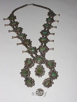 NAVAJO SILVER TURQUOISE SQUASH BLOSSOM NECKLACE BRACELET PIN SET by KIRK SMITH