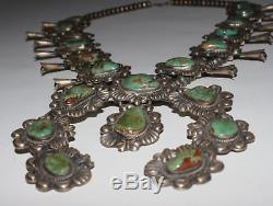 NAVAJO SILVER TURQUOISE SQUASH BLOSSOM NECKLACE BRACELET PIN SET by KIRK SMITH