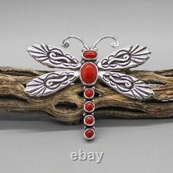 NAVAJO-STERLING SILVER & RED CORAL DRAGONFLY PIN by LEE CHARLEY-NATIVE AMERICAN