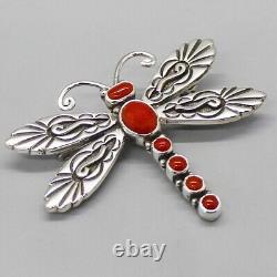 NAVAJO-STERLING SILVER & RED CORAL DRAGONFLY PIN by LEE CHARLEY-NATIVE AMERICAN