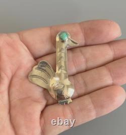 NAVAJO Vintage Sterling Silver Hand Stamped Long Neck Bird Turkey Pin Brooc RARE