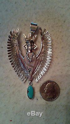 NELSON MORGAN Kachina Eagle Pendant Pin Necklace Sterling Turquoise, 3 1/2, BIG