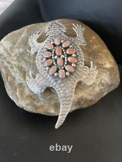 Native Am Navajo Sterling Silver TOAD Pink Coral Pin Pendant02069 LCharley