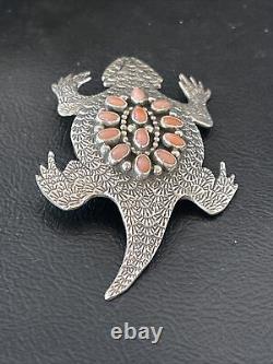 Native Am Navajo Sterling Silver TOAD Pink Coral Pin Pendant02069 LCharley