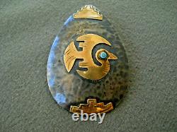 Native American 18 K Gold Peyote Bird on Hammered Sterling Silver Pendant Pin