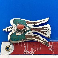 Native American 925 Sterling Silver Turquoise Coral Inlay Thunderbird Pin Brooch