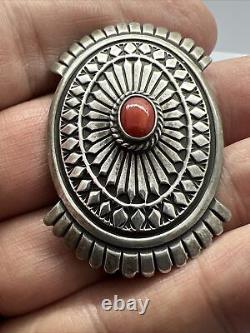 Native American A. Jake Albert Jake Sterling Silver Coral Pin Brooch