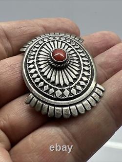 Native American A. Jake Albert Jake Sterling Silver Coral Pin Brooch