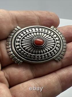 Native American A. Jake Albert Jake Sterling Silver Coral Pin Brooch