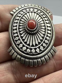 Native American A. Jake Albert Jake Sterling Silver Coral Pin Brooch