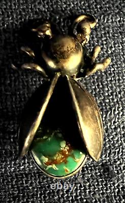 Native American Bug Pin Signed Silver Turquois Cabochon Stamp Work Insect