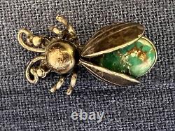 Native American Bug Pin Signed Silver Turquois Cabochon Stamp Work Insect