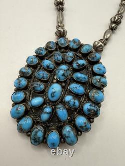Native American Cluster Turquoise Brooch Pendant Sterling Silver Signed H. Jim