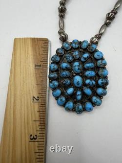 Native American Cluster Turquoise Brooch Pendant Sterling Silver Signed H. Jim