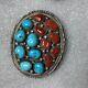 Native American Early Navajo Sterling Silver Turquoise Coral Pin Brooch. Wt 25g