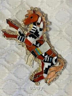 Native American Eldred Martinez Red & Pink Coral ZUNI PONY HORSE pin pendant