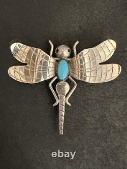 Native American F Yazzie Sterling Silver And Turquoise Dragonfly Brooch Pin