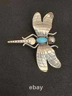 Native American F Yazzie Sterling Silver And Turquoise Dragonfly Brooch Pin