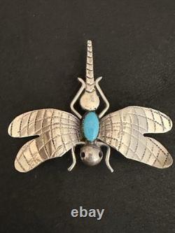 Native American F Yazzie Sterling Silver And Turquoise Dragonfly Brooch Pin