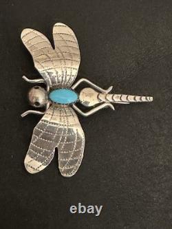 Native American F Yazzie Sterling Silver And Turquoise Dragonfly Brooch Pin