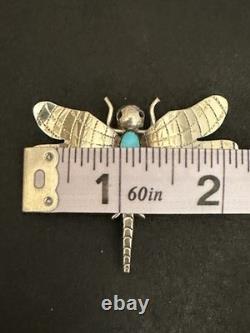 Native American F Yazzie Sterling Silver And Turquoise Dragonfly Brooch Pin