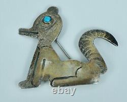 Native American Fred Harvey Era Sterling Turquoise Coyote Wolf Fox Pin Vintage