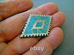 Native American Green & Blue Turquoise Inlay Sterling Silver Diamond Shaped Pin
