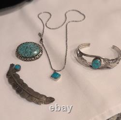 Native American Handmade Turquoise & slvr Necklace Bracelet Brooch Feather Pin