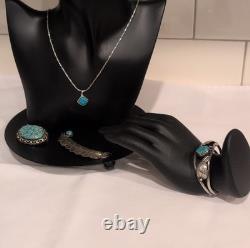 Native American Handmade Turquoise & slvr Necklace Bracelet Brooch Feather Pin