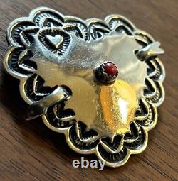 Native American Heart With Arrow Broach Pin Red Coral Vintage Pin Valentines Day