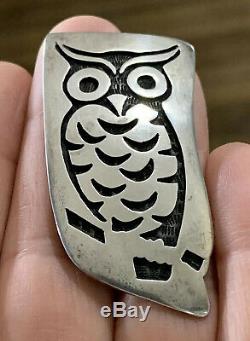Native American Hopi Bernard Dawahoya Owl Brooch Pin Sterling Silver Overlay