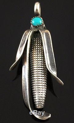 Native American Hopi Kewa Navajo Zuni Corn Pin Pendant Sterling Silver Turquoise
