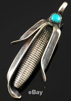 Native American Hopi Kewa Navajo Zuni Corn Pin Pendant Sterling Silver Turquoise