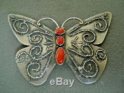 Native American Indian Coral Sterling Silver Tufa Cast Butterfly Pendant or Pin