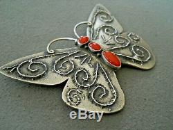 Native American Indian Coral Sterling Silver Tufa Cast Butterfly Pendant or Pin