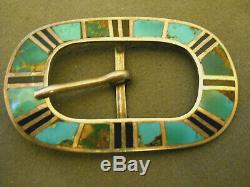Native American Indian Turquoise Jet Flush Inlay Sterling Silver Pin Belt Buckle
