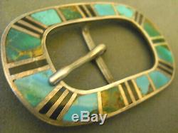 Native American Indian Turquoise Jet Flush Inlay Sterling Silver Pin Belt Buckle