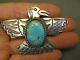 Native American Indian Turquoise Sterling Silver Thunderbird Pin Signed Ajc