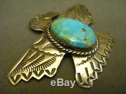 Native American Indian Turquoise Sterling Silver Thunderbird Pin Signed AJC