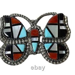 Native American Inlay Gemstones Zuni Butterfly Pin Brooch Pendant Signed Silver