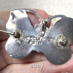 Native American Inlay Gemstones Zuni Butterfly Pin Brooch Pendant Signed Silver