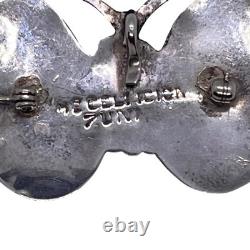 Native American Inlay Gemstones Zuni Butterfly Pin Brooch Pendant Signed Silver
