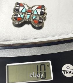 Native American Inlay Gemstones Zuni Butterfly Pin Brooch Pendant Signed Silver