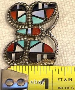 Native American Inlay Gemstones Zuni Butterfly Pin Brooch Pendant Signed Silver